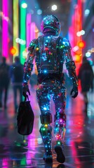 A photo of a person walking down a city street at night. The person is wearing a reflective suit that is lit up by the city lights.