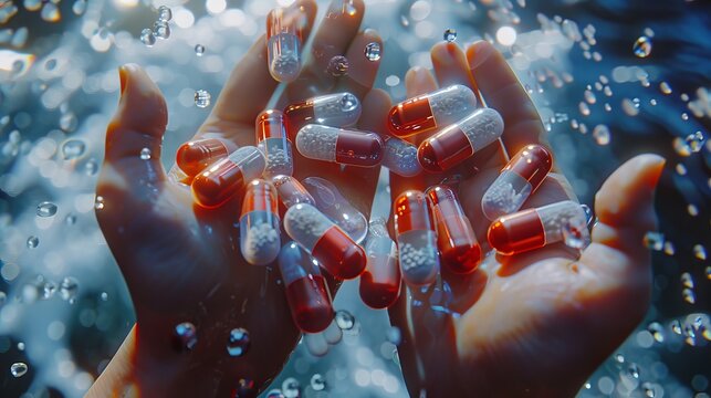 A photo of a handful of red and white pills being held under water.