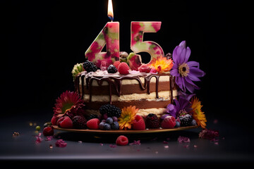 Number forty 45 candle lit on top of a chocolate confetti cake.