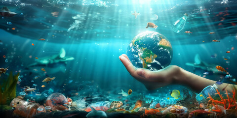  underwater view of a hand holding the Earth, with plastic bottles floating in water below as pollution continues to increase and sunlight shining on it. sea pollution