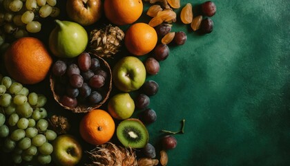frame of healthy fruit on a green background flat lay