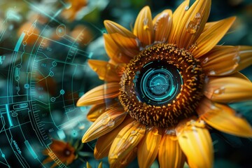 In a hightech garden, a camera zooms in on a sunflower, its center a complex HUD display showing realtime pollination stats in a macro concept
