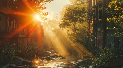 Fototapeta premium A photo of overgrown plants in an urban setting with sunlight shining through the trees.