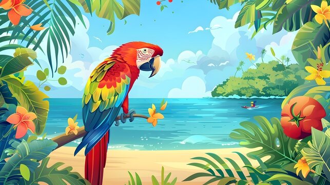 Summer Sale Banner Featuring Tropical Paradise Getaway with Vibrant Parrots and Tropical Fruits