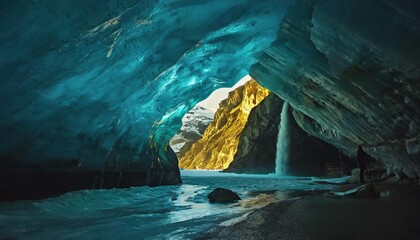 inside a blue glacial ice cave in the glacier with waterfalls