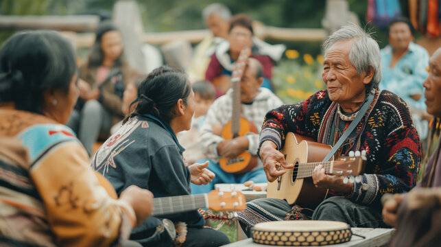 Elders passing down traditional music instruments and songs to younger family members. Knowledge, happiness, love, self-development and self-knowledge, friendship, respect for each