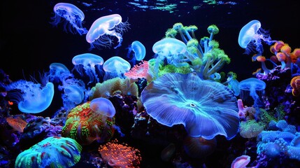 A colorful coral reef with many different types of jellyfish and sea creatures
