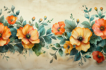 A floral border with watercolor blossoms and leaves, delicate and inviting,