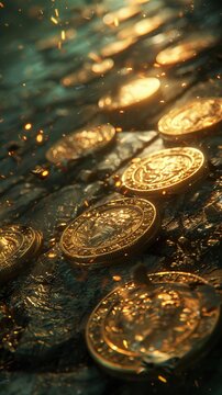 A pile of gold coins on the ground with a dark background
