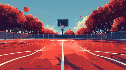 Outdoor basketball court scene in flat graphics - obrazy, fototapety, plakaty
