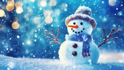 snowman on snow with copy space and bokeh blue background christmas snow background