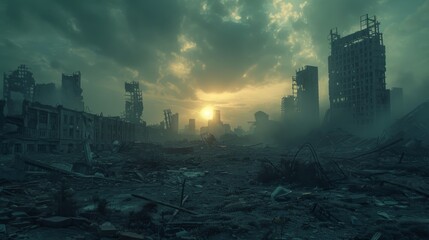 A post-apocalyptic city in ruins with a dark, stormy sky and a bright sun breaking through the clouds.