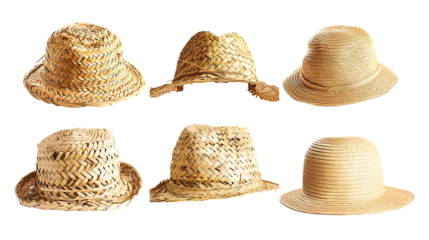 six different types of straw hats isolated on white background,