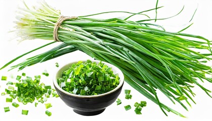 fresh green herbs chives in a bunch blades chopped loose pieces in a heap and a bowl isolated cooking nutrition diet farm or garden design elements set collection cut out transparent png