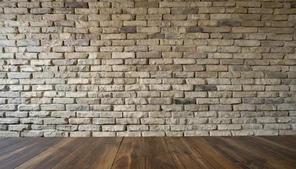 Foto op Plexiglas photo realistic generic empty interior design with a light brown stone brick wall is appropriate for use as a virtual backdrop and in video conferences © Kira
