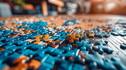 Obraz premium A puzzle dumped out on a wooden table.