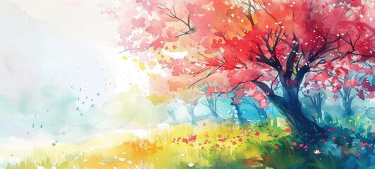 Whimsical Watercolor Landscape with Flourishing Spring Tree