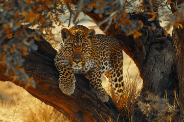 A lone leopard dragging its catch up a tree to avoid scavengers below,