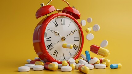 A red alarm clock with pills and capsules spilling out of it.