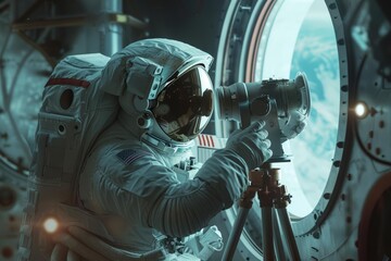 Inside a space stations observatory, an astronaut carefully aligns powerful telescopes, ready to map the uncharted territories of outer planets