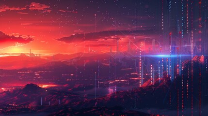 A red city under a red sky with a blue light in the foreground.