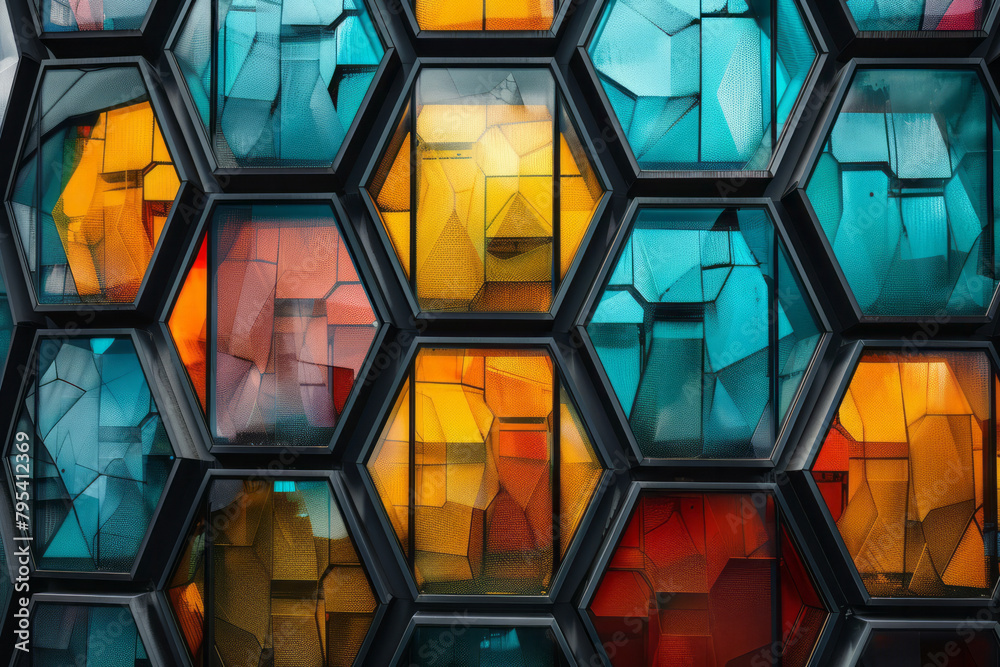 Poster A matrix of interlocking hexagons, each a window into a different shade of color,