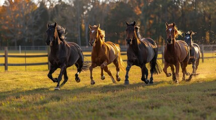Group of Horses Running in a Field