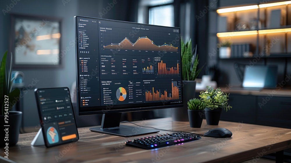 Poster Multiple computer screens on a desk showing colorful data analytics and statistics, reflecting modern workplace