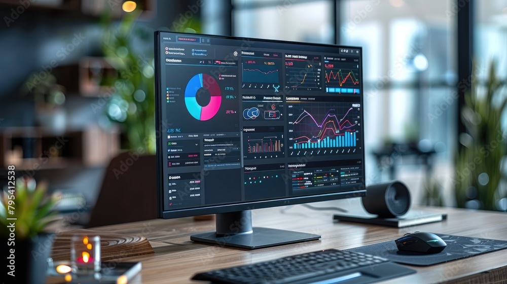 Poster Multiple computer screens on a desk showing colorful data analytics and statistics, reflecting modern workplace