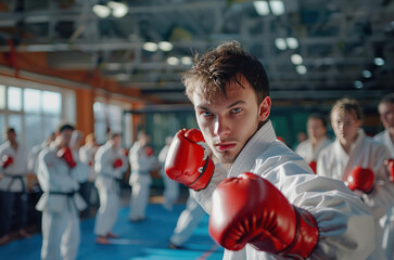 Man in White Suit and Red Boxing Gloves - obrazy, fototapety, plakaty