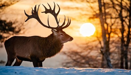 red deer stag at sunrise in winter