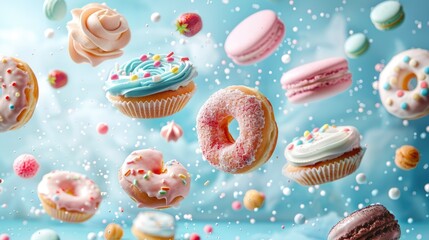 Floating sweets and treats on a blue backdrop. Donuts and cupcakes flying over blue background. - obrazy, fototapety, plakaty