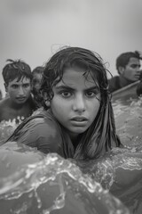 A girl looks out from the water as she and others 
