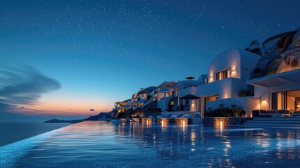 Luxurious poolside villa at sunset on Santorini island in Greece