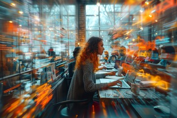 Individuals focused on laptops in a cafe environment with a rich overlay of digital connectivity graphics