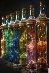Fototapeta premium A row of 8 bottles filled with different colored glitter.