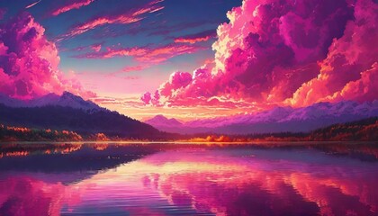 panoramic view the beautiful of pink sunset like in fairy tail fantasy pink cloud - Powered by Adobe