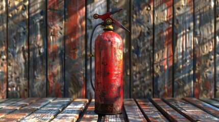 A rusty red fire extinguisher sits on a wooden floor in front of a wooden wall.