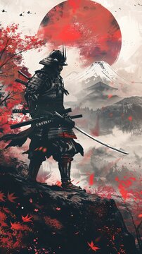 Wallpaper With Samurai And Japanese Flag Motif (2)