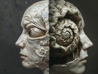 A sculpture of a human head split in half, showing the brain and eye.