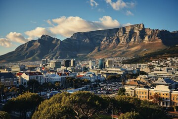 Wide angle shot of Cape Town city central business district , The skyline of Cape Town with Table Mountain, AI generated