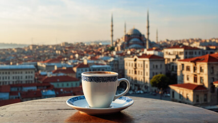 Traditional Turkish coffee in porcelain mug on table in front of blurry Istanbul view with...