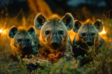 A pack of hyenas feasting on a recent kill under the cover of night in the savanna,