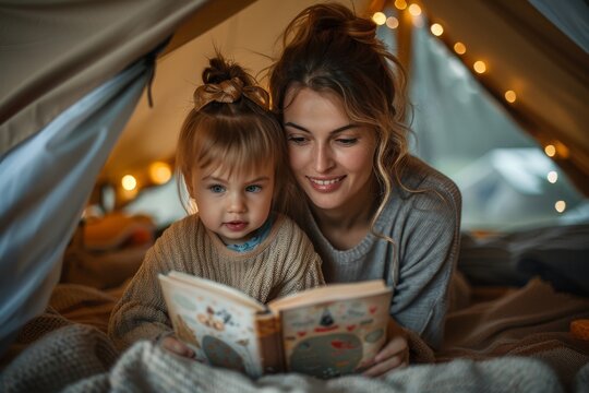 A loving mother and her daughter enjoy a storybook in a home-made tent adorned with lights