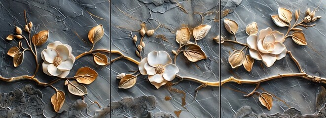 Obraz premium Three panel marble art with abstract floral elegance for contemporary wall decor