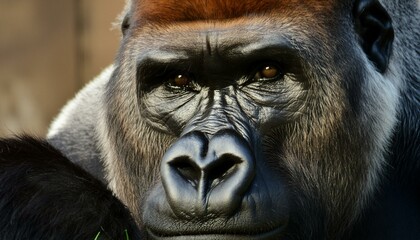Portrait face powerful dominant male gorilla on black background, Beautiful Portrait of a Gorilla. severe silverback, anthropoid ape, stern face. isolated black background,