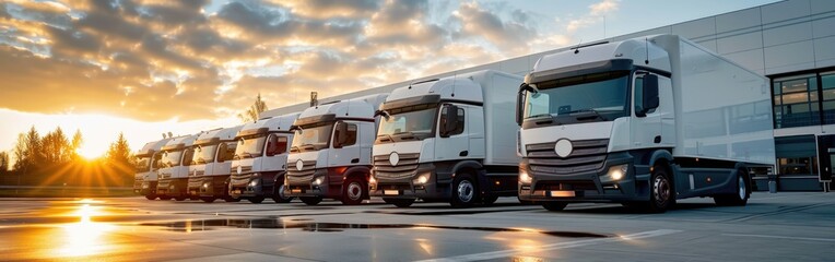 A line of delivery company semi trucks parked in front of a commercial building