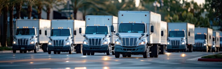 A lineup of delivery company semi trucks parked neatly in a spacious parking lot