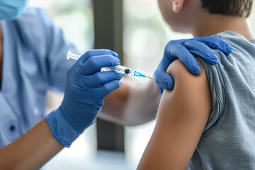 Child receiving a vaccination. Little boy in face mask in doctor's office is vaccinated. Kid giving injection shot. Syringe with covid-19, coronavirus, flu vaccine. Dangerous infectious disease, MPOX