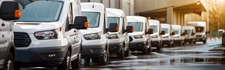 A line of white delivery trucks parked closely next to each other in a designated parking area